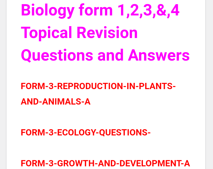 Biology Form 1,2,3,&4 Topical Revision Questions and Answers free